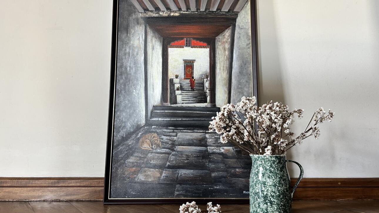 Painting of monk walking through thresholds implying in-between places. Fallen flowers imply impermanence