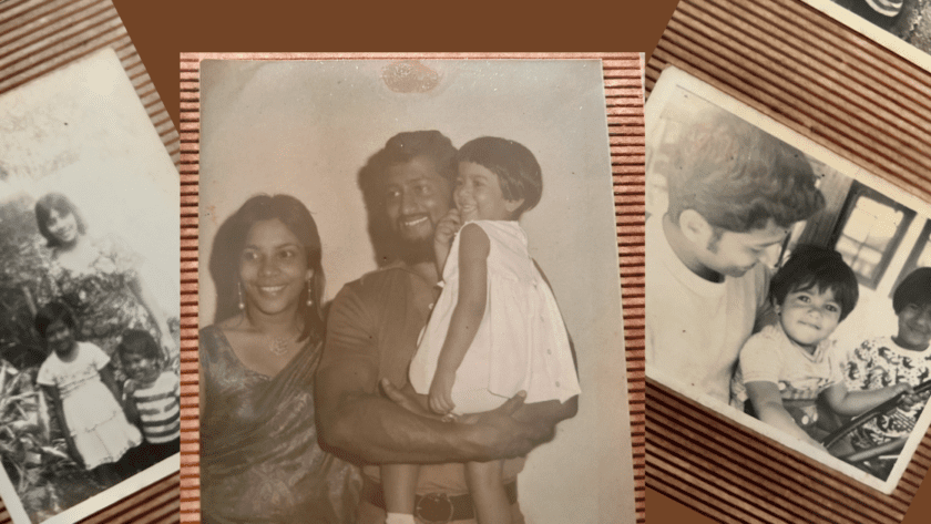 A collage of faded images of a family with children and parents