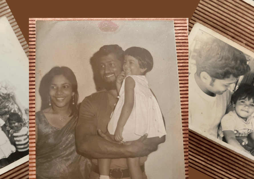 A collage of faded images of a family with children and parents